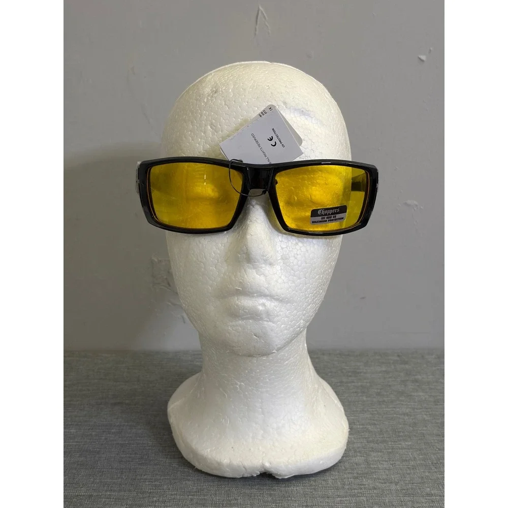 Choppers Sunglasses Mens OS Gloss Black Yellow Lens Biker Wrap UV400 8CP6778